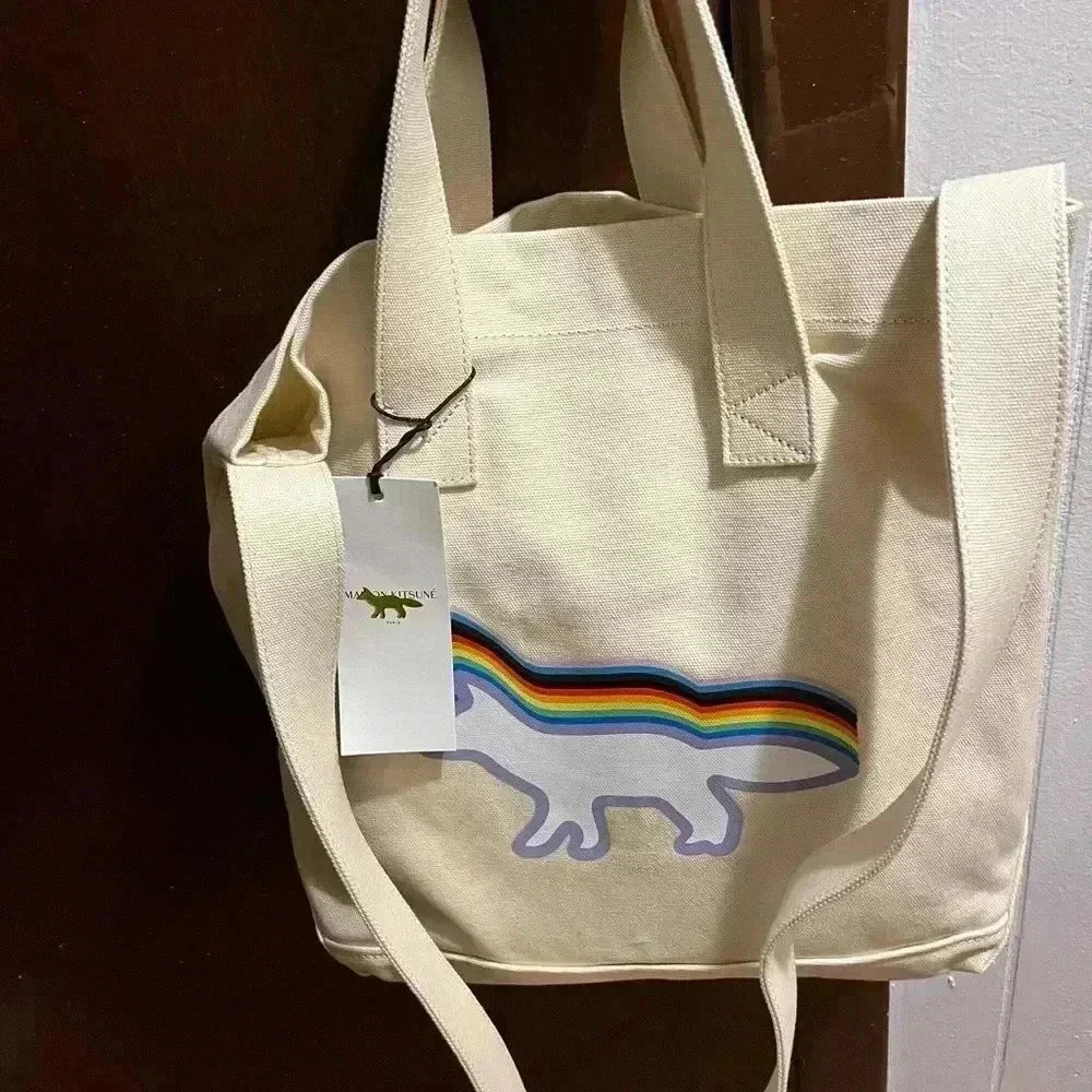 NWT Maison Kitsune Canvas Tote Bag Rainbow Fox Cream